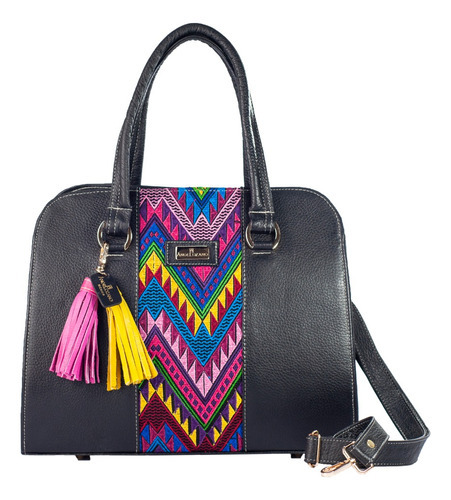 Bolso De Piel Vacuna Con Telar Etnico Artesanal Tipo Tote Color Negro Diseño de la tela Camila telar etnico