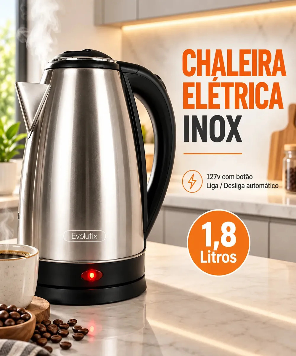 Chaleira Jarra Elétrica 1,8l Litros 110v Desligamento Automático E Base Giratória Inox Aquecimento Rápido Segura Café Chá Fácil Abertura Tampa Alça Esquentar Agua Café Chá Ferver Rápido Evolufix 127v