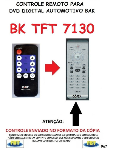 Controle Remoto Para Dvd Automotivo Bak Tft 7130 /// Fbt 967