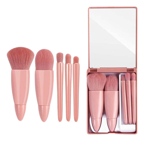 Juego Brochas Con Espejo Maquillaje Viaje Fácil Llevar 5 Pza