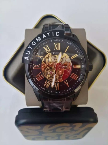 Reloj Fossil Extensible Metálico Automatico Bq2092 Correa Negro Bisel Negro Fondo Dorado
