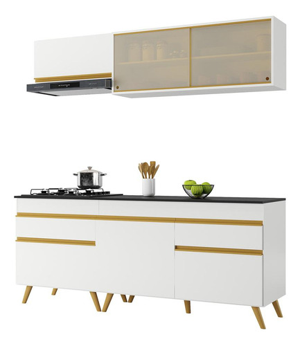 Armário De Cozinha Compacta 190cm Veneza Multimóveis V3707 Cor Branco/Dourado