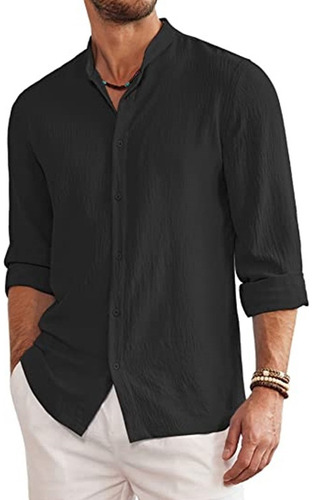 Camisa Cuello Mao Lino Hombre Casual Manga Larga Slim Fit