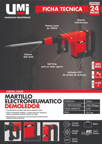 Martillo Demoledor 1500w 25j Sds Max Umi Industrial Off
