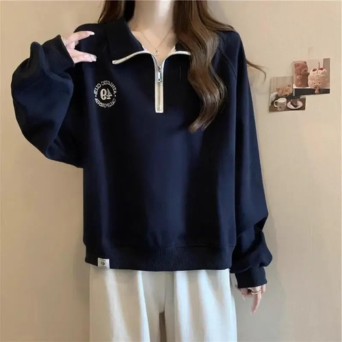 Sudadera Bordada Con Cuello Polo Estilo Invierno