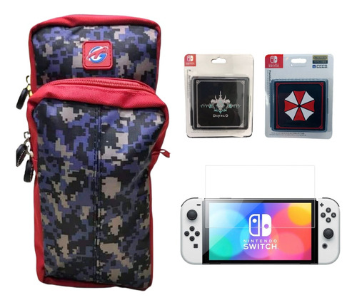 Maleta Riñonera Camo + Vidrio Oled + Portajuegos Switch