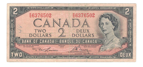 Billete Canada 2 Dolares (1954) Reina Elizabeth I I   