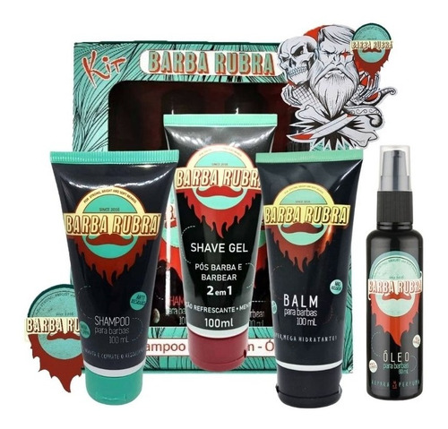 Kit Para Barba Com Shampoo 100ml + Balm Hidratante 100ml + Gel Transparente Para Barbear 100ml + Óleo 60ml - Barba Rubra