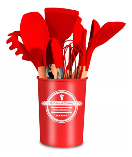 Jogo Utensílios De Cozinha 12 Peças Silicone Colher Concha Cor Vermelho