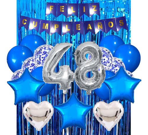 Combo Kit Cumpleaños Fiesta Globos Deco Azul Plata