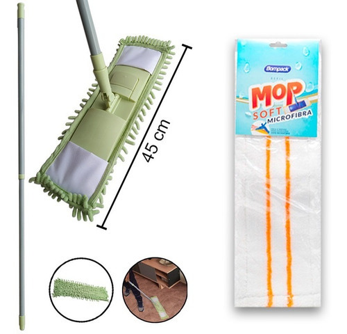 Mop Tira Pó C Refil Microfibra Chenille E Soft Porcelanato Cor Verde