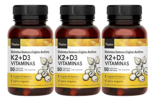 Natier Vitamina K2 D3 Huesos Y Dientes 50 Capsulas Sabor Neutro Pack X3