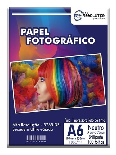 Papel Foto Pro Resolution A6 10x15 Brilhante 180g 100 Fls Cor Branco