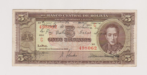 Billete Bolivia 5 Bolivianos Año 1945 Muy Bueno ++