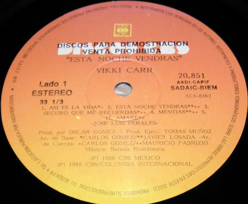 Vikki Carr Esta Noche Vendrás Disco Lp Vinilo Promo