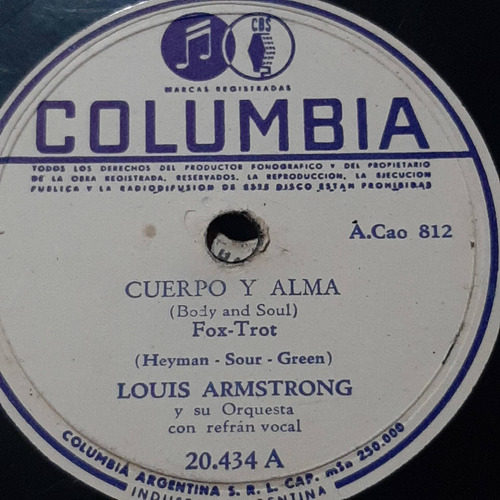 Pasta Louis Armstrong Su Orquesta Columbia C243