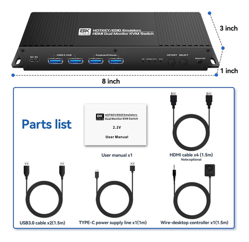 Switch Kvm Hdmi De 2 Puertos Con Tecla De Acceso Rápido,