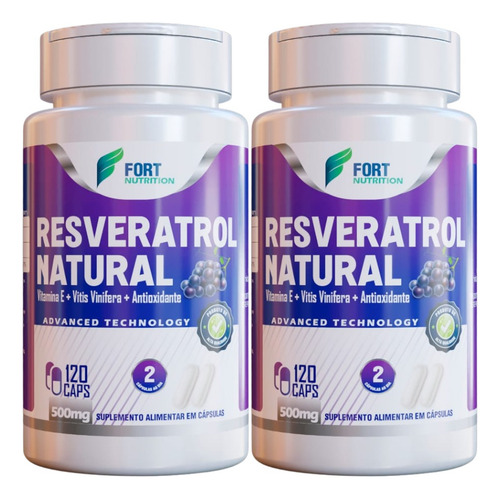 2 Potes Legítimo Resveratrol 240 Cápsulas 500mg 100% Natural Sabor Sem Sabor