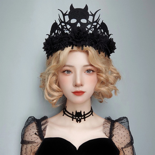 Tocado De Demonio Con Corona De Flores Negras, Diseño De Dea