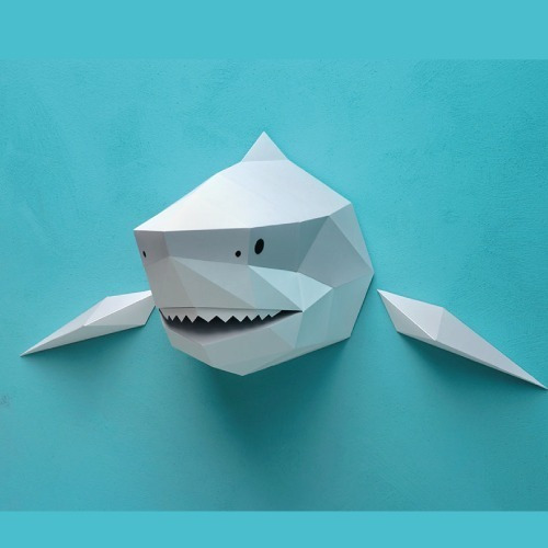 Imagen 2 de 5 de Cabeza De Tiburón De Papel 3d Decoración