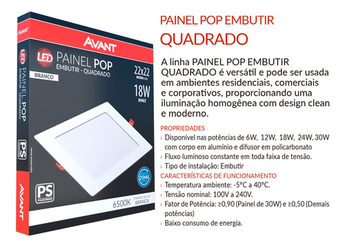 Imagem 3 de 5 de Kit 10 Painel Plafon Led 18w Quadrado Embutir Luminária