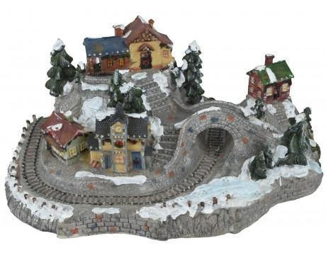 Adorno Pueblo Con Via De Tren Y Luces 34 Cm