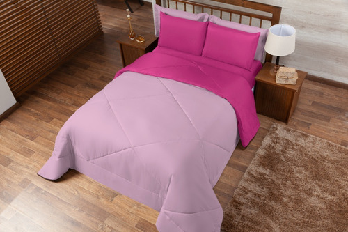 Kit Ternura Casal Queen Edredom  Jogo Fronhas Roupa De Cama Cor Pink  / Rosa Desenho Do Tecido Liso