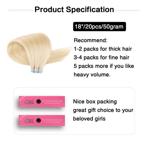 Fita Em Extensões De Cabelo Suyya Remy Human Hair 18 Polegad