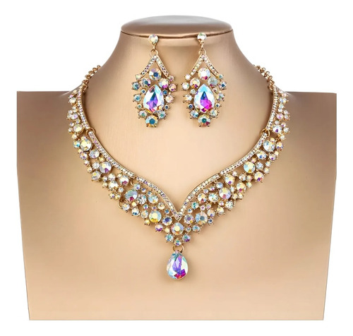 Joyas De Boda, Collar + Aros Elegantes, Pedreria Brillante