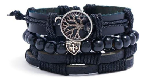 Pulsera Arbol De La Vida Piel Para Hombre Mujer Pareja 3 Pza Color Negro Diámetro 20