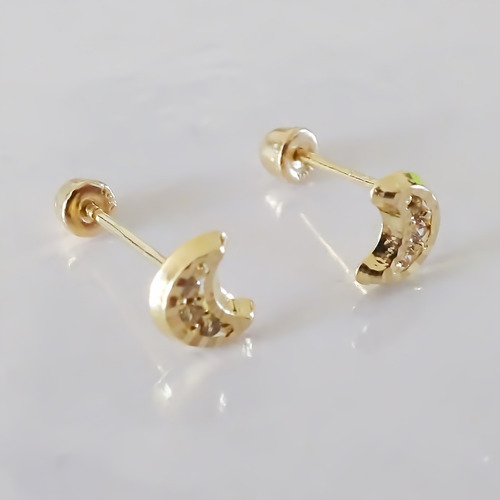 Amor Eterno - Broqueles Luna Mini Diamantes / Aretes Oro 10k