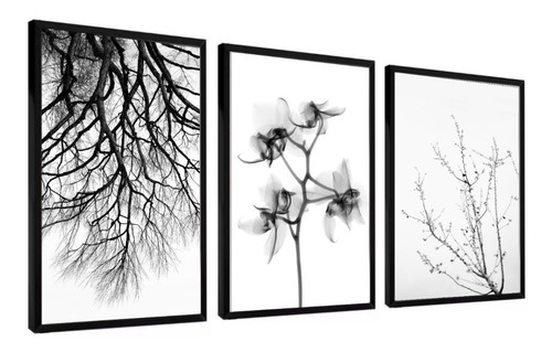 Quadro Decorativo Árvore Flores Preto E Branco Minimalista