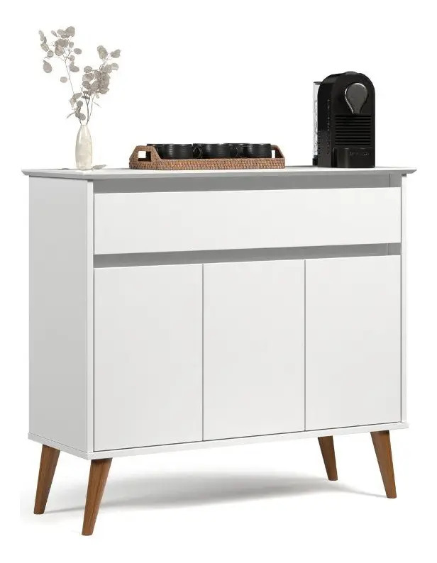 Aparador Buffet Zeus EJ Móveis Branco 3 Portas 1 Gaveta Madeira Maciça