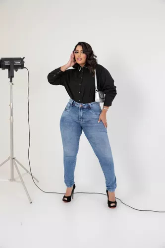 Calça Jeans Feminina Lipo Plus Size Cinta Modeladora Lara