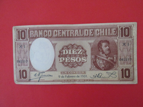 Billete Chile 10 Pesos Firmado Figueroa-burr Año 1931 Escaso