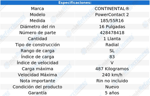 Llanta 185/55r16 83v Continental Powercontact 2