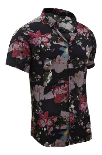 Camisa Hombre Farenheite Fibrax M/c Negra Flores Rojas
