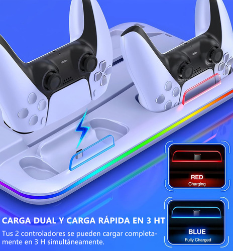 Base de carga Gllai Cooling para mandos de Ps5 con iluminación RGB y ventilador de refrigeración interno compatible con Ps5 y Ps5 Slim White