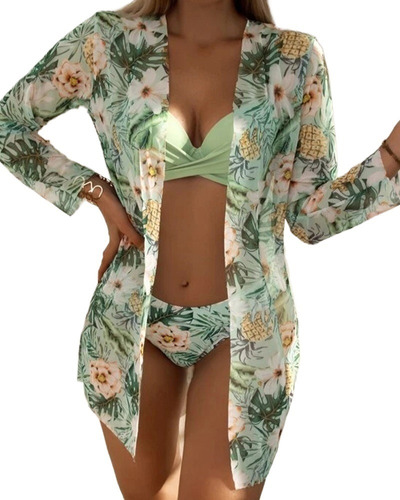 Conjunto De Kimono Playa Femenino + Bikini Floral 3 Pcs