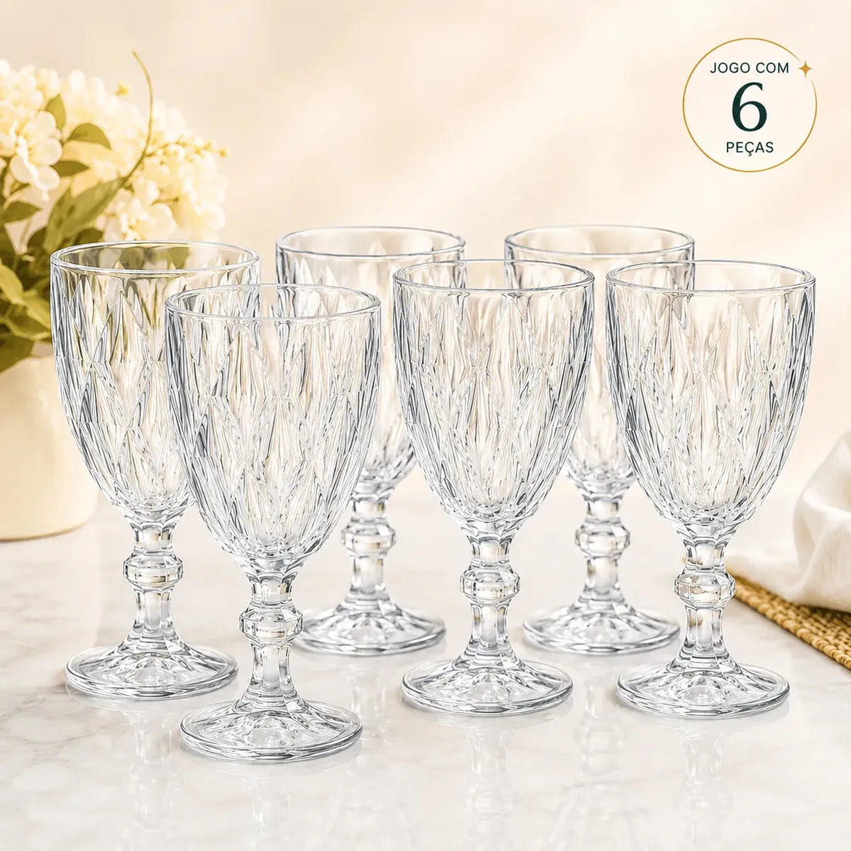 Jogo 6 Taças Vidro Domus Diamond 340ml Transparente Vinho Água