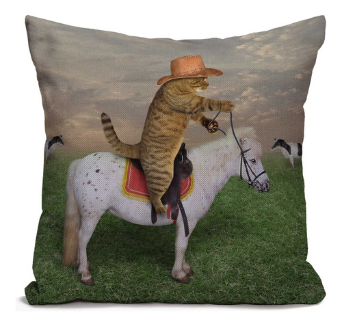 Divertida Funda Almohada Gato 16 X 16  Vaquero Un Caballo