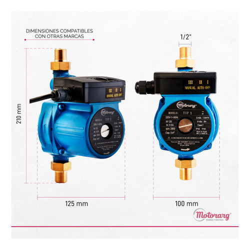 Imagen 5 de 12 de Bomba Presurizadora Motorarg Tip1 1-2 Baños 9mts 120 Watts