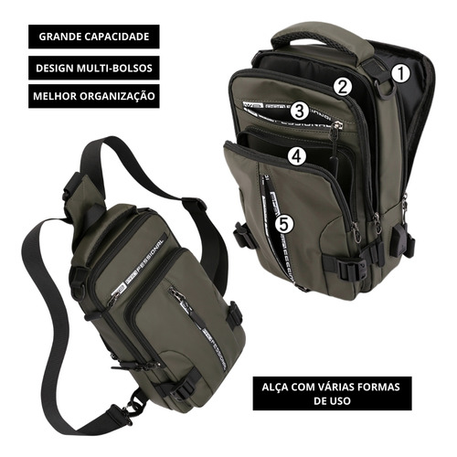 Mochila Transversal De Peito Mini Impermeável Pochete Viagem Bolsa Multifuncional Masculina Zafin Cor Preto