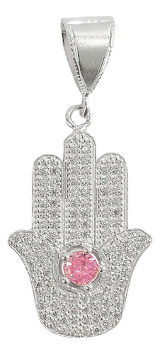 Dije Mano De Fatima Grande Ojo Zirconias Plata Ley 925 Color Rosa