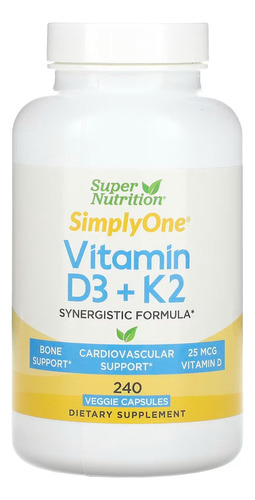 Super Nutrition Vitaminas D3 Y K2 240 Vegcaps Sabor Sin Sabor