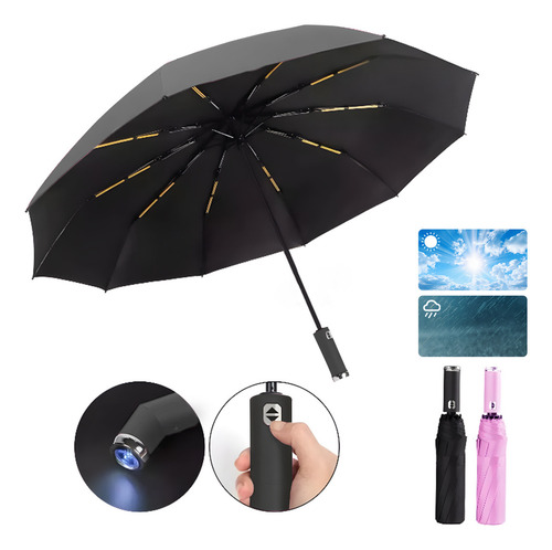 Vanance Paraguas Automatico Anti-uv Apertura Y Cierre Van01216 Paraguas Sombrilla De Bolsillo Con Botón Y Led Rotativo Plegable Grande Protección 2-3 Las Personas Color Negro