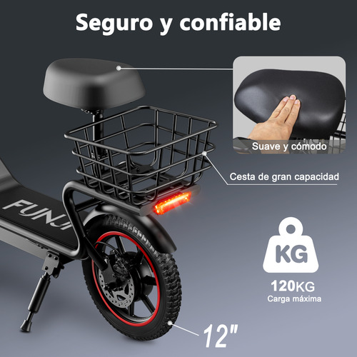 Funjn e11 Scooter Eléctrico Plegable Con Asiento 32km/h-velocidad 45km-autonomía Max Batería 13ah Motor Color Negro Con Rojo Funjn Patin Electrico