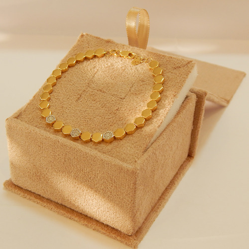 Pulseira De Ouro 18k Com Diamantes 17cm Hexagonal Hexágonos