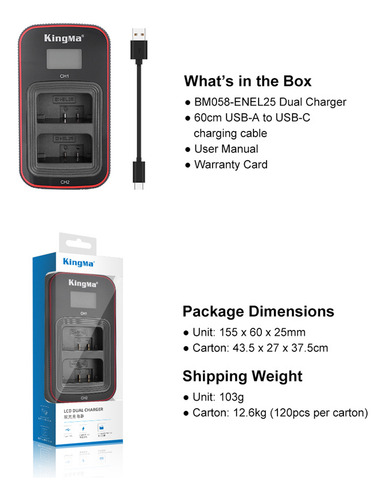Carregador USB duplo + 2 baterias Kingma para Nikon Z30 Z50 Z50ii Zfc EN-EL25 EN-EL25a