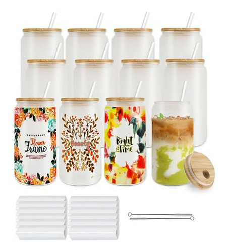 Kit Vasos Sublimación Vidrio 16oz Con Tapas Bambú, Pitillos 